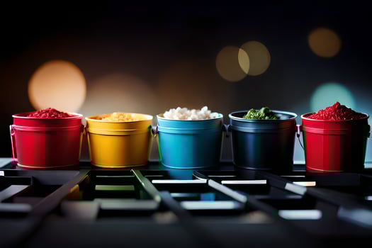 a row of colorful buckets with different spices. AI-Generated photo