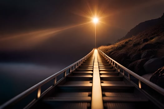 a long bridge with a light shining on it. AI-Generated photo
