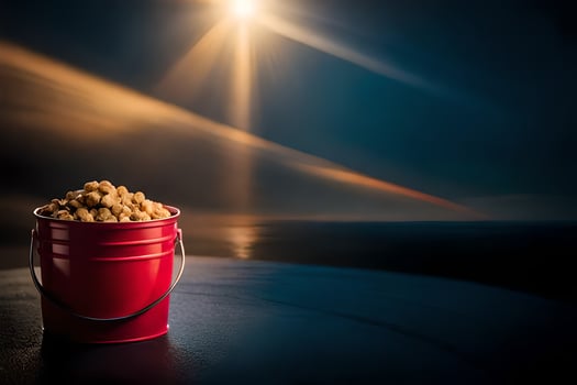 a bucket of peanuts on a table in front of a bright sun. AI-Generated photo