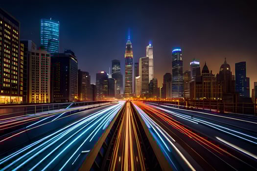 a city at night with light trails on the road. AI-Generated photo