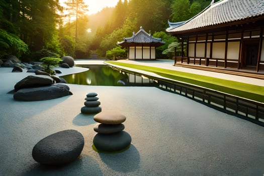 a japanese garden with rocks and water. AI-Generated photo