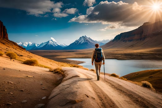 a man walks on a road in the mountains. AI-Generated photo