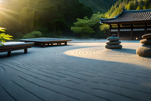 a zen garden with stone paths and benches. AI-Generated photo