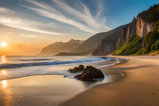 the sun sets on the beach in the background. AI-Generated photo