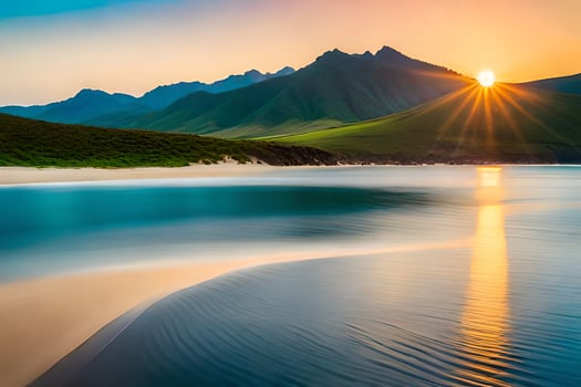 the sun is setting over a beach and mountains. AI-Generated photo
