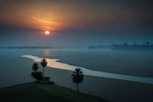 the sun rises over a river and palm trees. AI-Generated photo