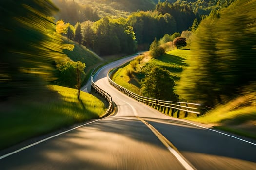 a car driving down a winding road in the mountains. AI-Generated photo