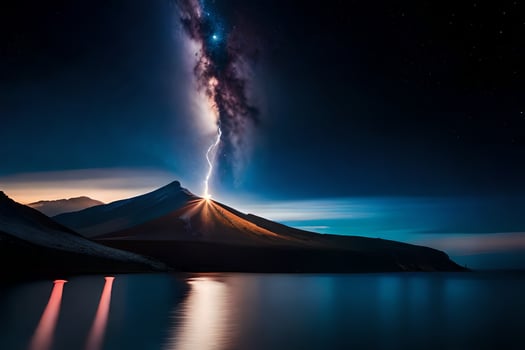a lightning bolt is seen over a mountain and water. AI-Generated photo