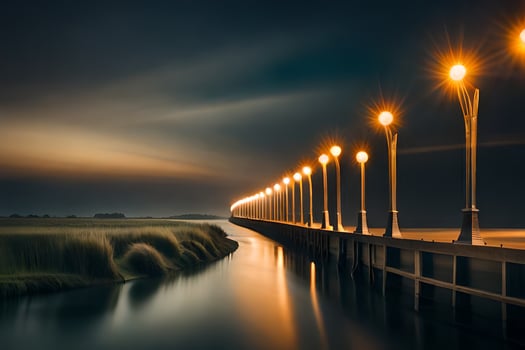a long bridge with lights on it at night. AI-Generated photo