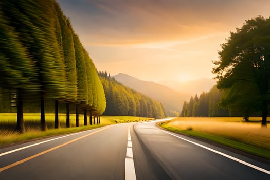 a road in the mountains with trees and grass. AI-Generated photo