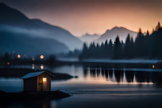 a small house sits on the shore of a lake at sunset. AI-Generated photo