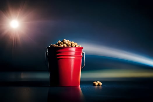a red bucket filled with peanuts on a dark table. AI-Generated photo