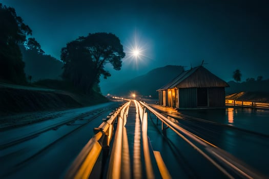 a train tracks at night with a moon in the sky. AI-Generated photo