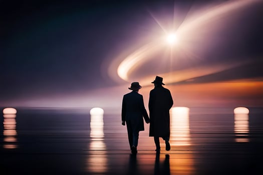 two people walking on the beach at night. AI-Generated photo