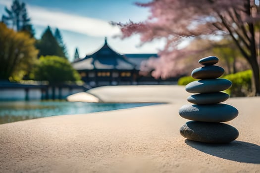 a stack of stones sits on the ground near a lake. AI-Generated photo