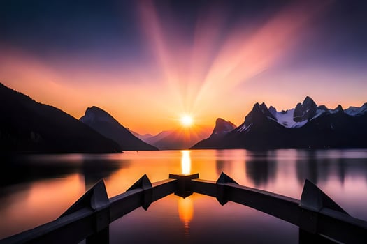 the sun rises over a lake and mountains. AI-Generated photo