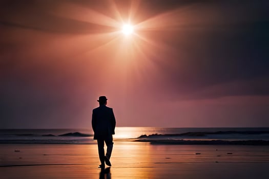 a man walking on the beach at sunset. AI-Generated photo