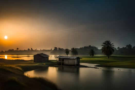 a small house sits on the edge of a lake at sunset. AI-Generated photo