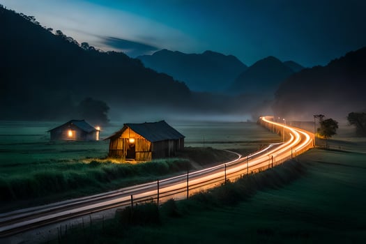 a long exposure photo of a road and a barn in the fog. AI-Generated