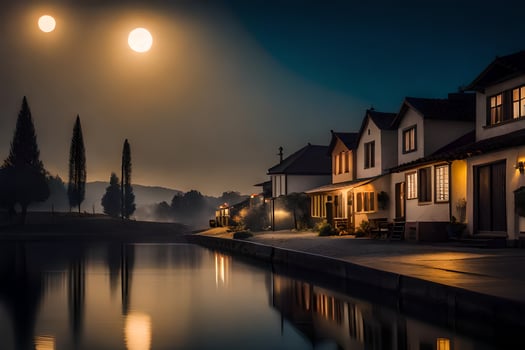 a moon rises over a river and houses at night. AI-Generated photo