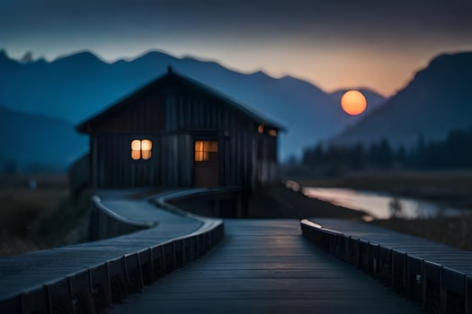 a wooden walkway leads to a cabin in the mountains. AI-Generated photo