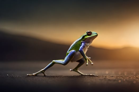 a frog is standing on its hind legs in front of the sun. AI-Generated photo