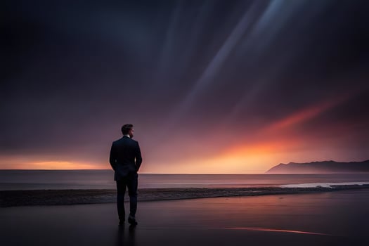 a man standing on the beach looking at the sunset. AI-Generated photo