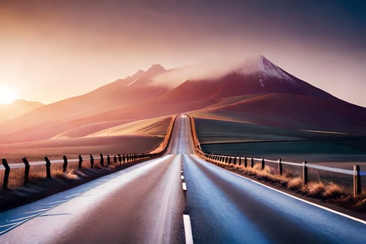 a road leading to a mountain with a sunset in the background. AI-Generated photo