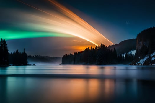 the aurora bore lights up the sky over a lake. AI-Generated photo