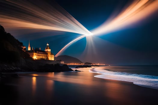 a long exposure photograph of a church and a beach at night. AI-Generated photo