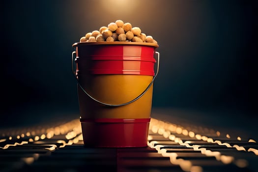 a bucket filled with peanuts sitting on a keyboard. AI-Generated photo