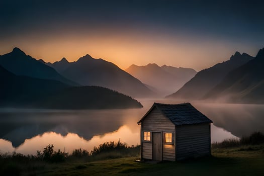 a small cabin sits on the edge of a lake at sunset. AI-Generated photo