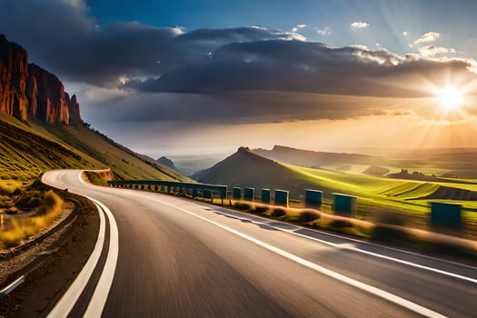 a road in the mountains with the sun setting. AI-Generated photo
