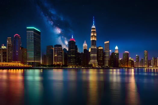 the city skyline at night with the milky in the sky. AI-Generated photo