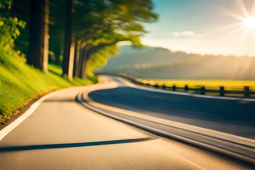 a blurry image of a road with trees and grass. AI-Generated photo