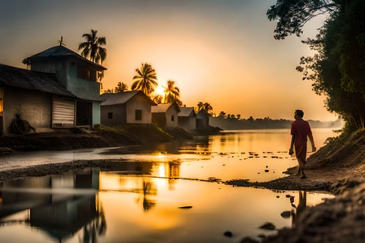 a man walking along the shore of a river at sunset. AI-Generated photo