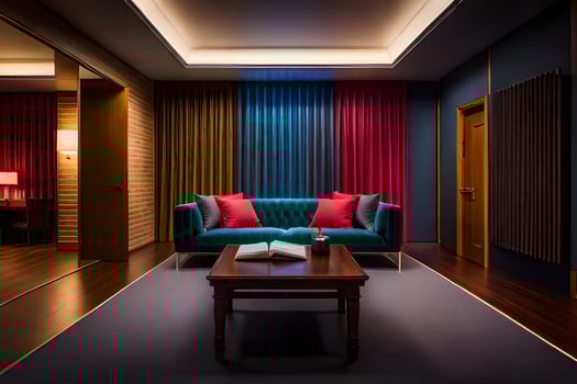 a room with a couch, coffee table and a red and blue couch. AI-Generated photo