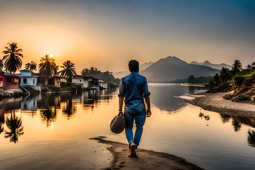 a man walking along the shore of a river at sunset. AI-Generated photo