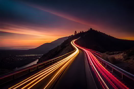 a long exposure photograph of a road with light trails. AI-Generated photo