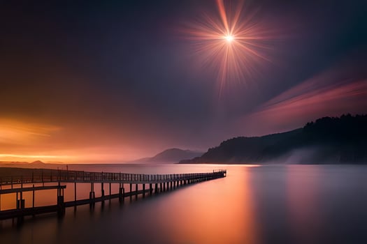 the sun shines over a pier at night. AI-Generated photo