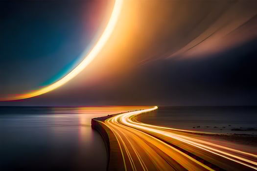 a long exposure photograph of a road and a light trail. AI-Generated photo