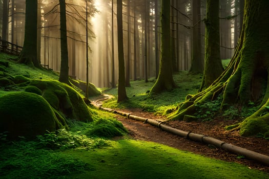 a path through a forest with trees and grass. AI-Generated photo