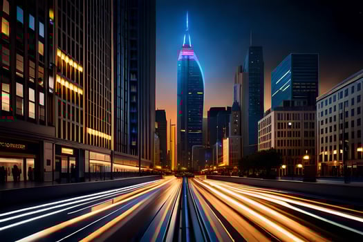 a city street at night with lights and traffic. AI-Generated photo