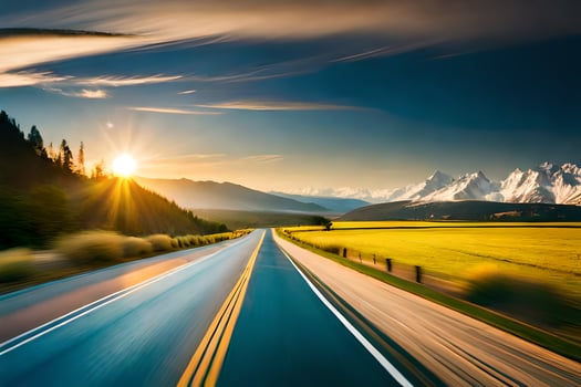 a road with the sun setting over mountains. AI-Generated photo