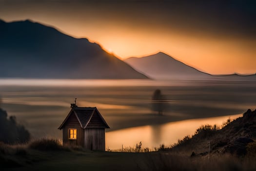 a small house sits on the edge of a lake at sunset. AI-Generated photo