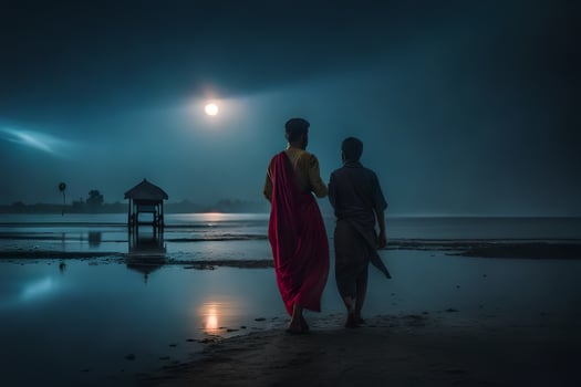 two people walking on the beach at night with a full moon. AI-Generated photo