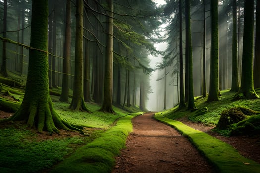a path through a forest with mossy trees. AI-Generated photo