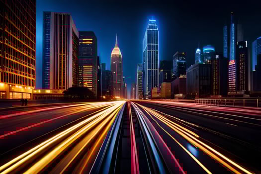 a city street at night with light trails. AI-Generated photo