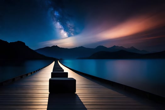 a long pier with a lake and mountains in the background. AI-Generated photo