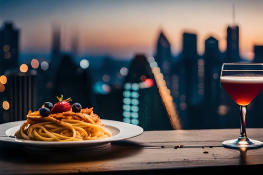 a plate of spaghetti and a glass of wine are on a table in front of a cityscape. AI-Generated photo